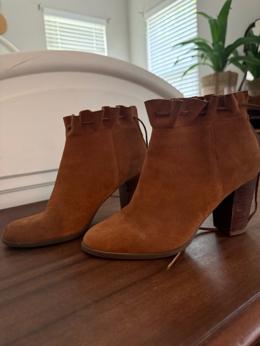 crown & ivy Rust Suede Ruffle Ankle Boots